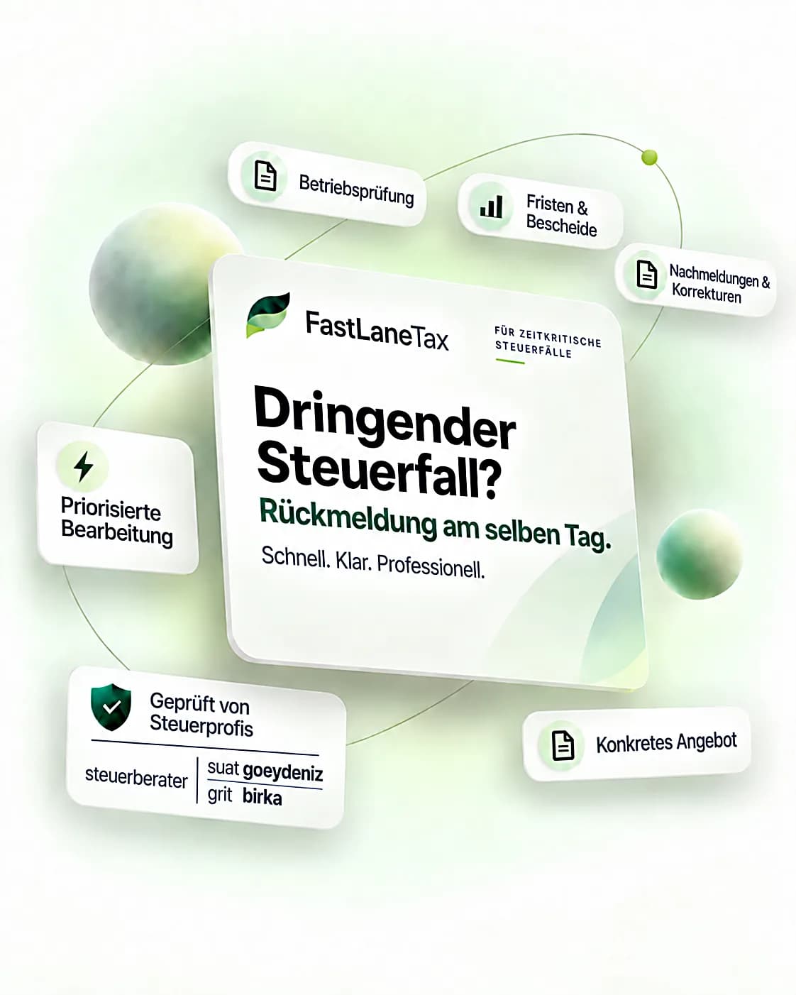 FastLane Tax: Dringender Steuerfall? Rückmeldung am selben Tag. Priorisierte Bearbeitung in 2–5 Werktagen, geprüft von Steuerprofis.